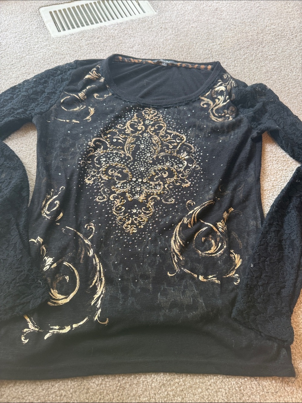 Miss Me Black Long Sleeve Tee with Gold Baroque Print